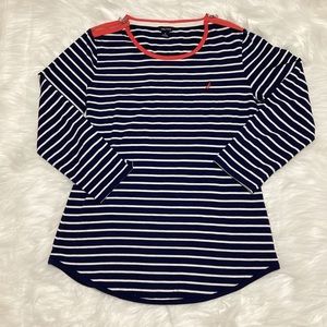 Nautica Women’s NavyBlue White Stripes Red Piping Neckline 3/4 Sleeves Shirt